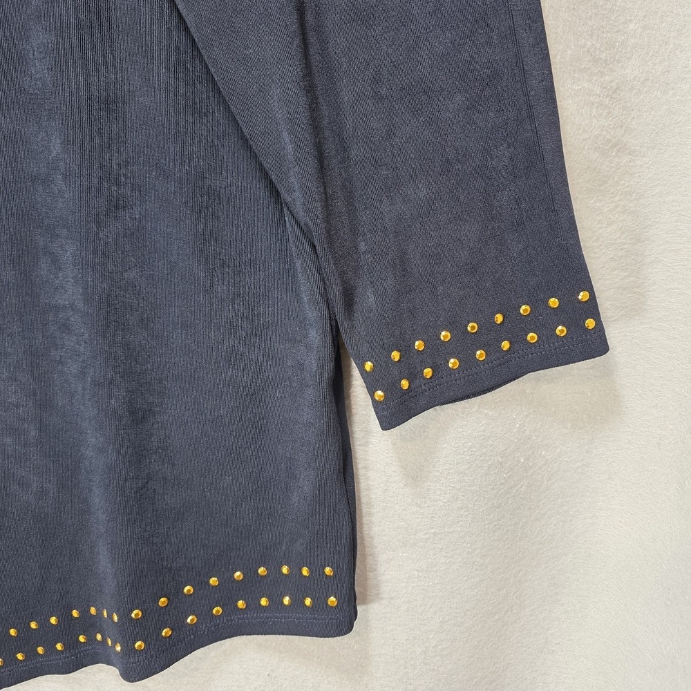 Chicos Travelers Tunic Top Women L Asymmetric Hem Gold Studded Navy Blue Size 2‎ - Picture 3 of 16